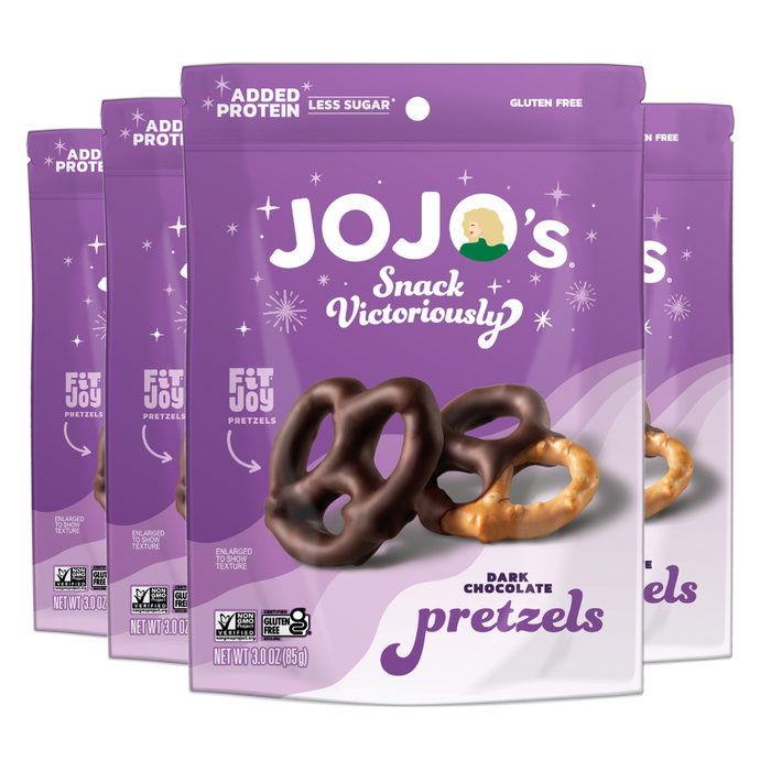 Packaging of JoJo's dark chocolate gluten free pretzels on a white background