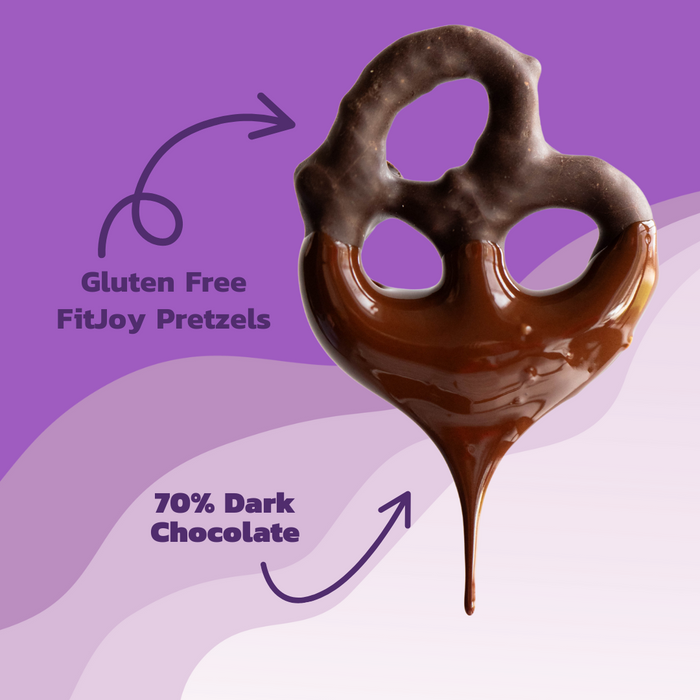 Chocolate-dipped pretzel on a purple background with text indicating 'Gluten Free FitJoy Pretzels' and '70% Dark Chocolate'.