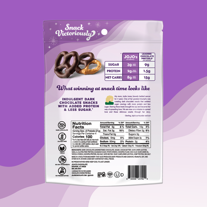 Snack packaging with chocolate pretzels on a purple background