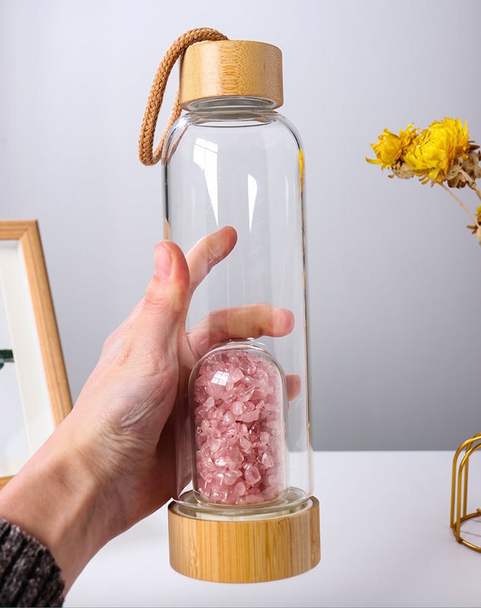 crystal water bottle borosilicate glass bamboo lid removable gem base
