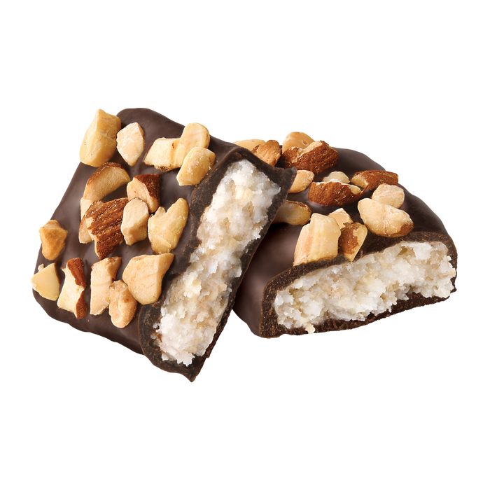 Dark chocolate snacks filled with real coconut filling and generously topped with chopped almonds