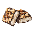 Dark chocolate snacks filled with real coconut filling and generously topped with chopped almonds