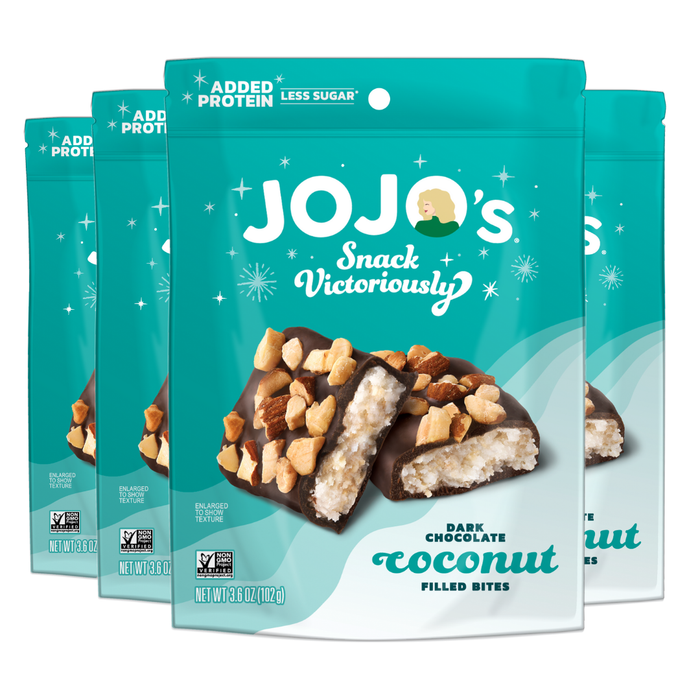 JOJO's Dark Chocolate Coconut Filled Bites packaging on a white background 4 pack