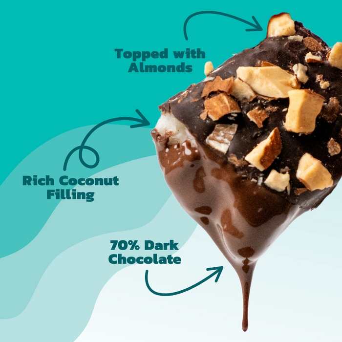 Chocolate drip on a dark chocolate snack with coconut filling and almonds on a teal background