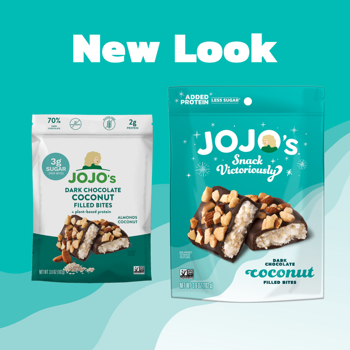 Two packages of JoJo's Dark Chocolate Coconut Filled Bites on a teal background with 'New Look' text.