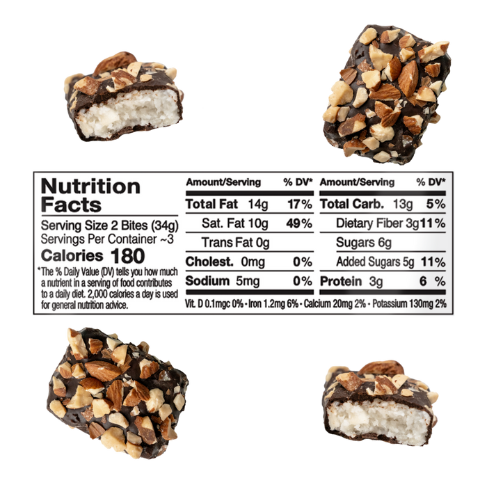 Nutrition facts label for a dark chocolate coconut snacks with ingredients on a white background