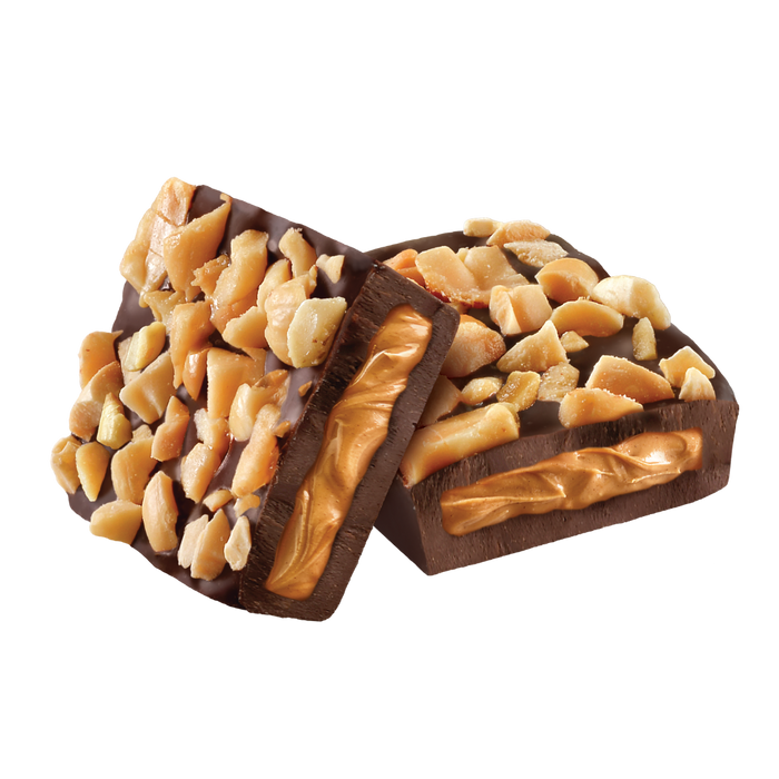 Dark chocolate bars filled with creamy peanut butter and topped with chopped peanuts