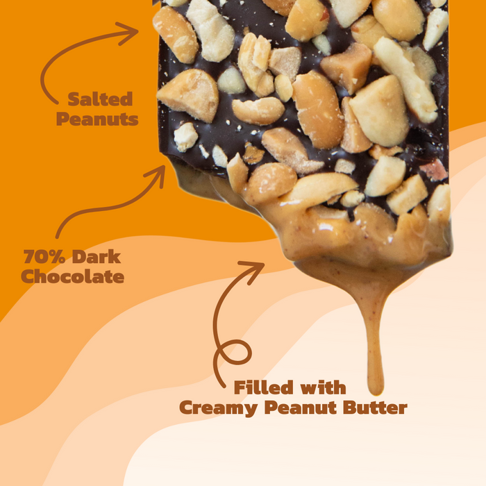 Dark chocolate bar with salted peanuts, 70% dark chocolate, and creamy peanut butter on an orange background.