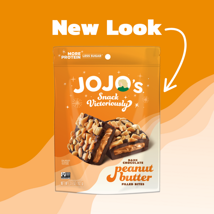 JOJO's Dark Chocolate Peanut Butter Filled Bites packaging on an orange background with 'New Look' text.