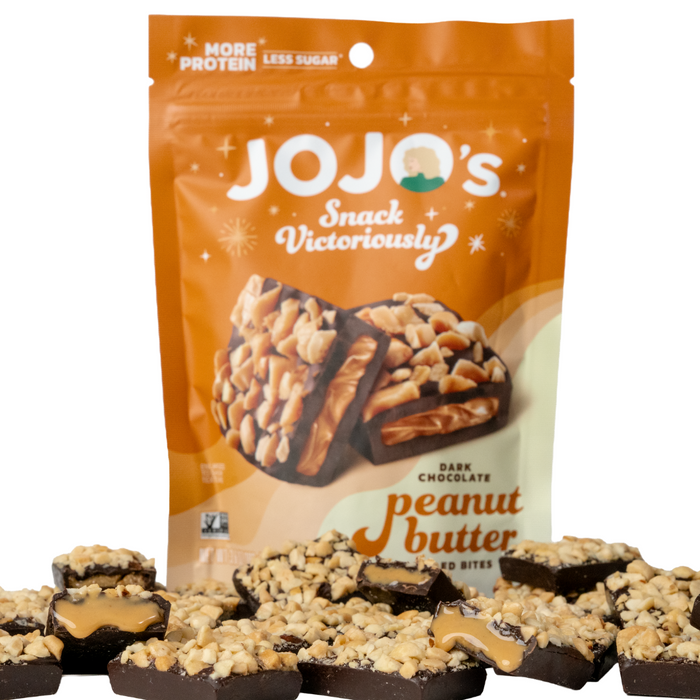 Packaging of JoJo's Dark Chocolate Peanut Butter Bites with dark chocolate bites displayed in front.