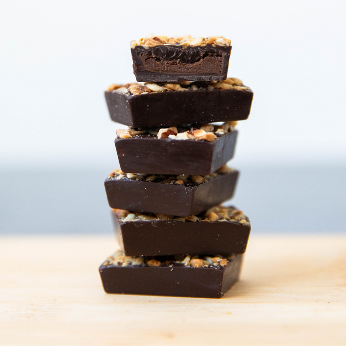 Dark Chocolate HAZELNUT BUTTER FILLED BITES + Plant-Based Protein