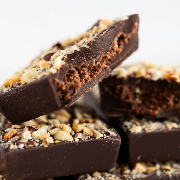 Dark Chocolate HAZELNUT BUTTER FILLED BITES + Plant-Based Protein