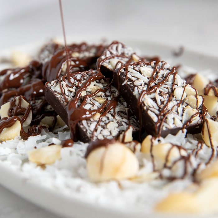 Dark Chocolate MACADAMIA COCONUT SEA SALT BITES + Plant-Based Protein