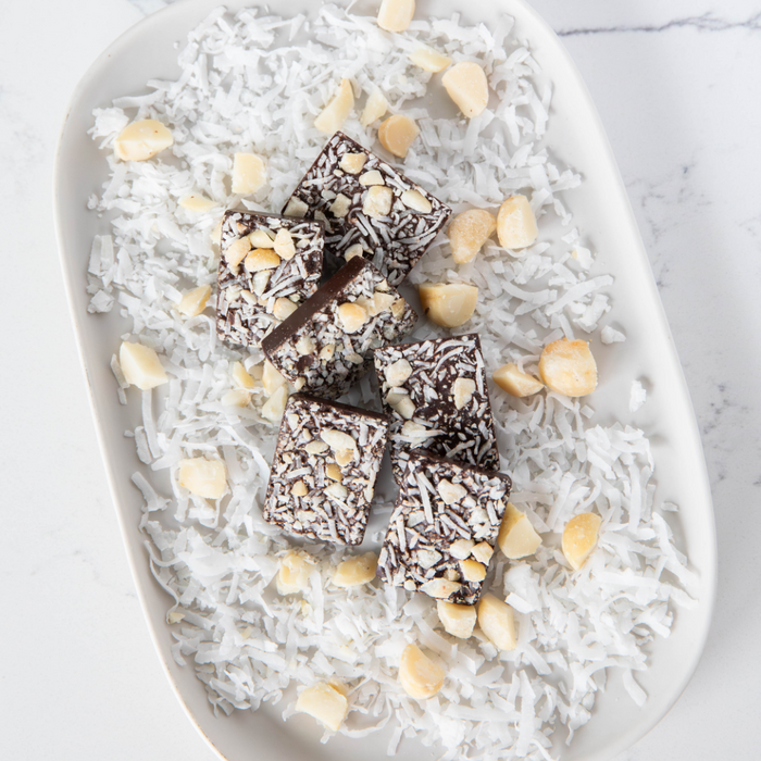 Dark Chocolate MACADAMIA COCONUT SEA SALT BITES + Plant-Based Protein