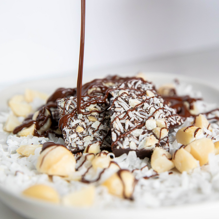 Dark Chocolate MACADAMIA COCONUT SEA SALT BITES + Plant-Based Protein