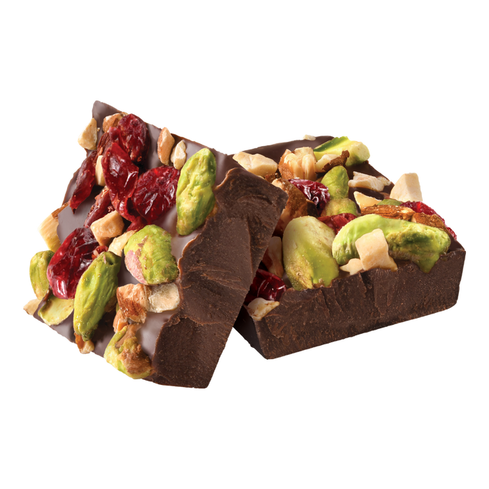 Chocolate bar with pistachios and cranberries on a white background