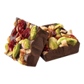 Chocolate bar with pistachios and cranberries on a white background