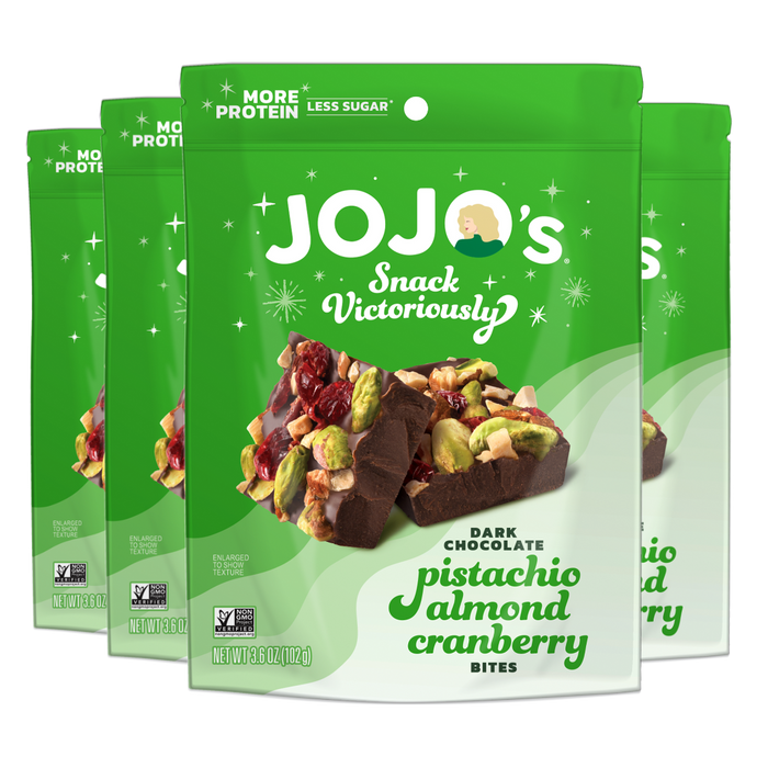 JOJO's Dark Chocolate Pistachio Almond Cranberry Bites packaging on a white background