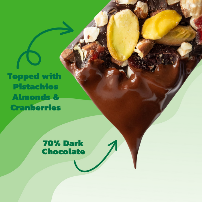 Dark chocolate bar with nuts and cranberries on a green background