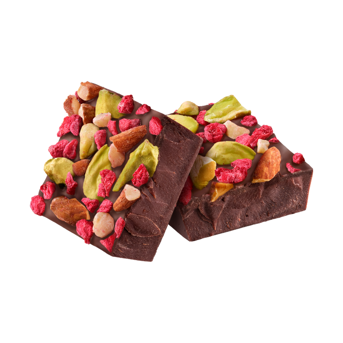 Dark Chocolate RASPBERRY ALMOND PISTACHIO BITES + Plant-Based Protein