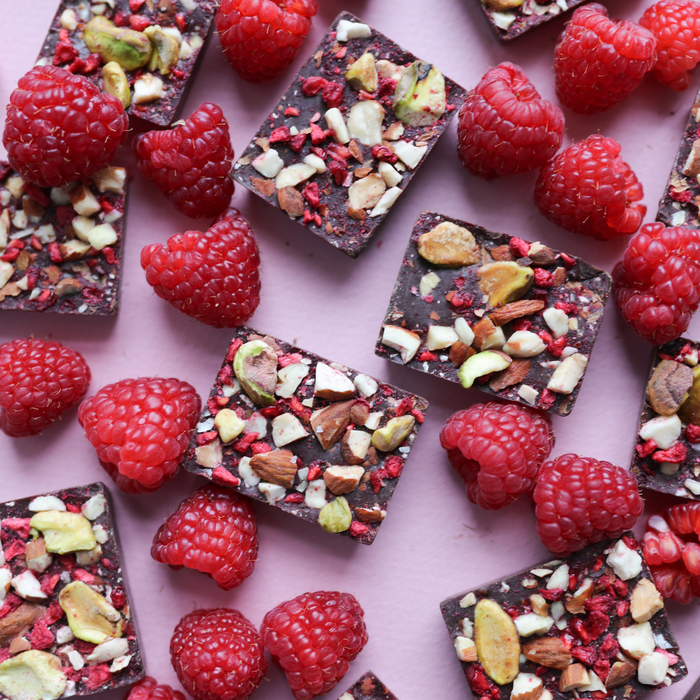 Dark Chocolate RASPBERRY ALMOND PISTACHIO BITES + Plant-Based Protein