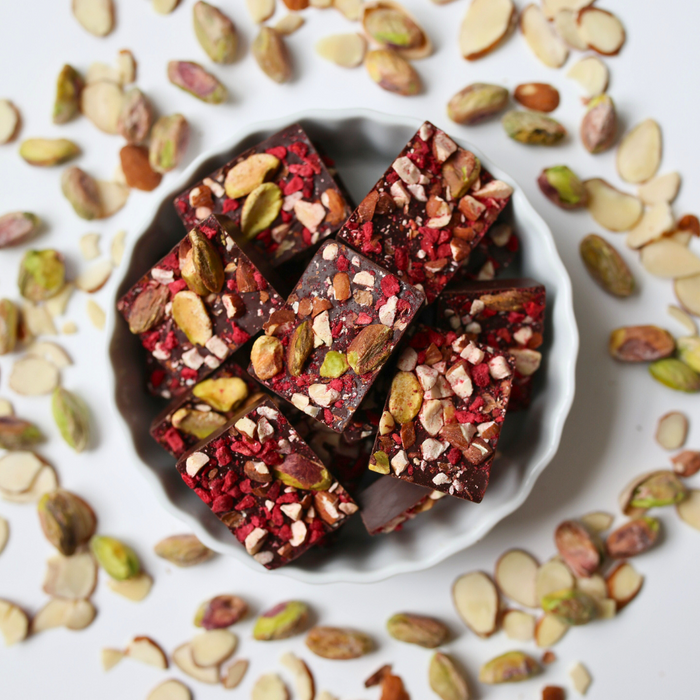 Dark Chocolate RASPBERRY ALMOND PISTACHIO BITES + Plant-Based Protein