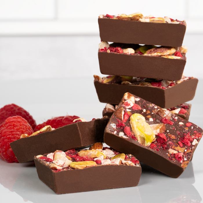 Dark Chocolate RASPBERRY ALMOND PISTACHIO BITES + Plant-Based Protein