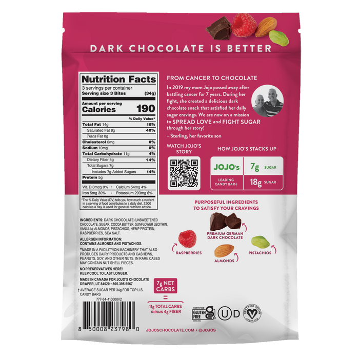 Dark Chocolate RASPBERRY ALMOND PISTACHIO BITES + Plant-Based Protein