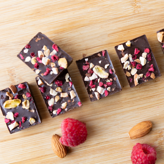 Dark Chocolate RASPBERRY ALMOND PISTACHIO BITES + Plant-Based Protein