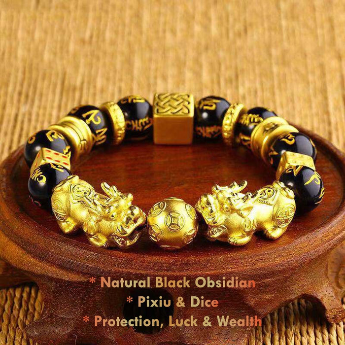 Double Pixiu Black Obsidian Wealth Bracelet for Men