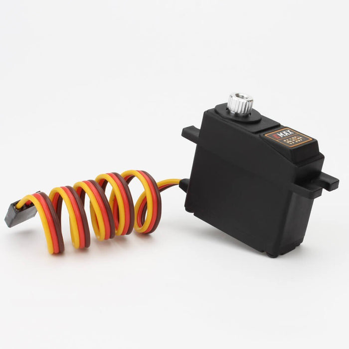 Black servo motor with coiled red, yellow, brown wires for UAV drone control systems