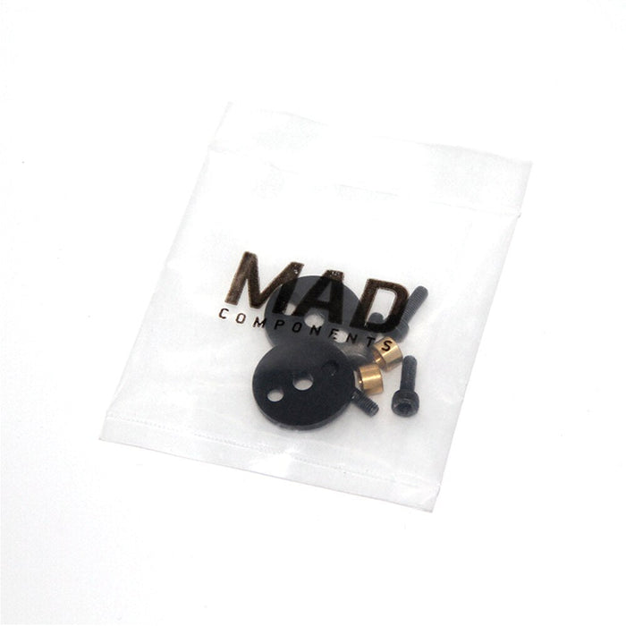 MAD Components drone hardware kit with black and gold screws, washers, and spacers in clear bag