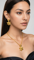 Gold Plated Brass Floral Pendant Necklace & Dangle Earrings Set for Women | Traditional Flower Jewelry Set 6091