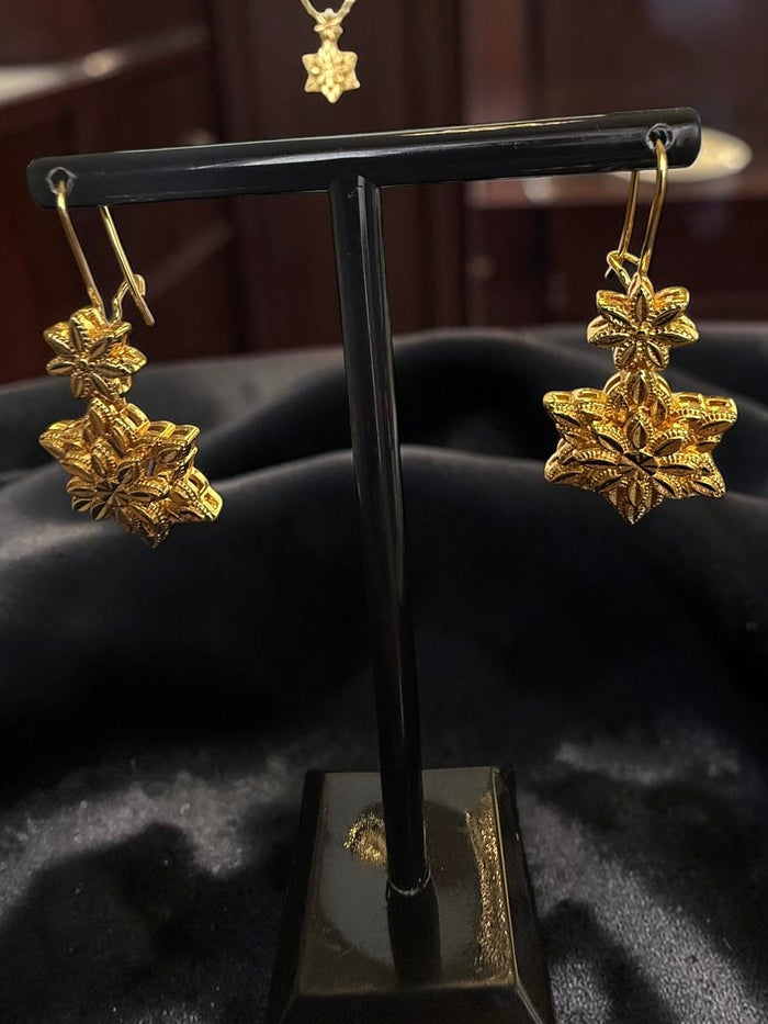 Gold Plated Brass Floral Pendant Necklace & Dangle Earrings Set for Women | Traditional Flower Jewelry Set 6091