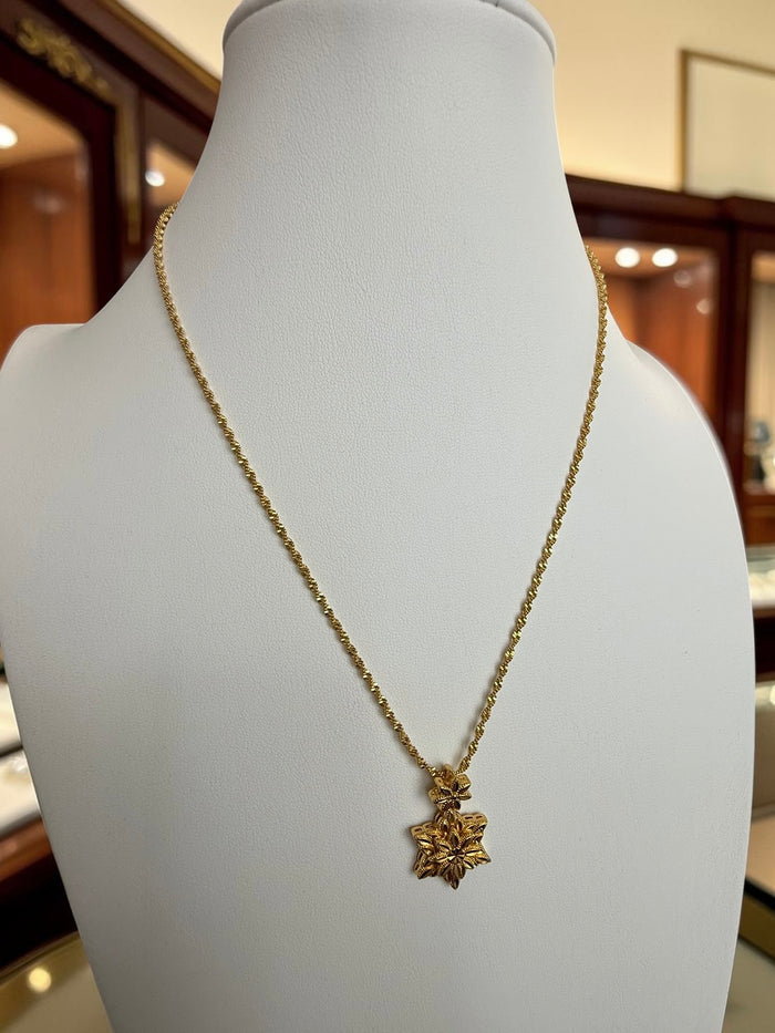 Gold Plated Brass Floral Pendant Necklace & Dangle Earrings Set for Women | Traditional Flower Jewelry Set 6091