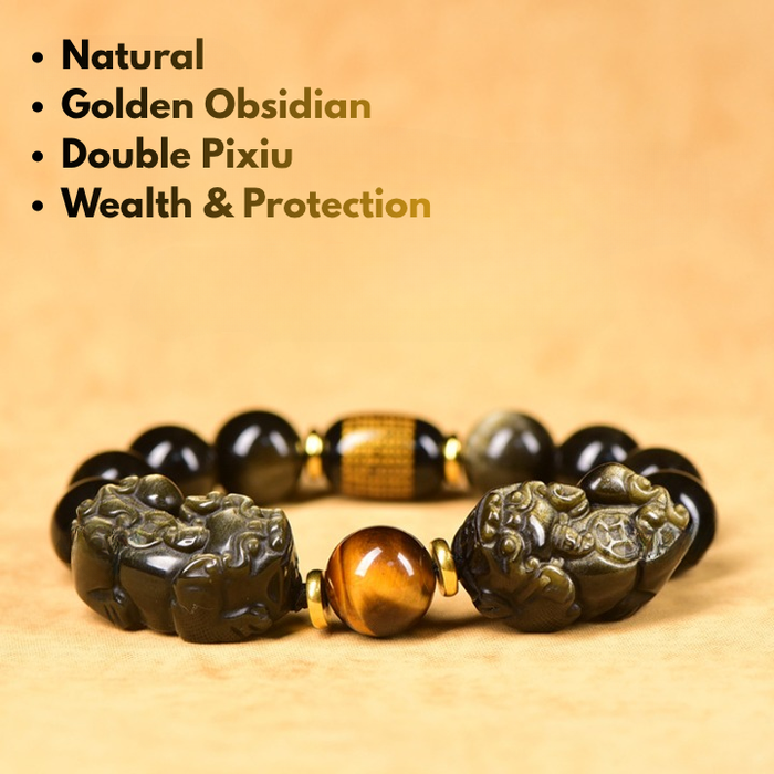 Golden Obsidian Double Pixiu Bracelet for Men front view