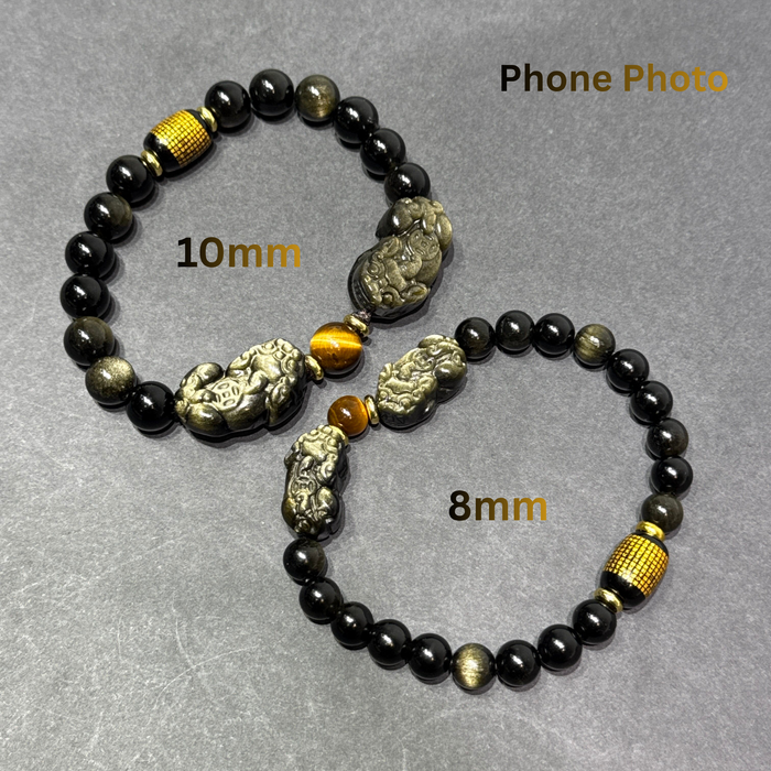 Double Pixiu Feng Shui bracelet with 10mm vs 8mm Golden Obsidian beads