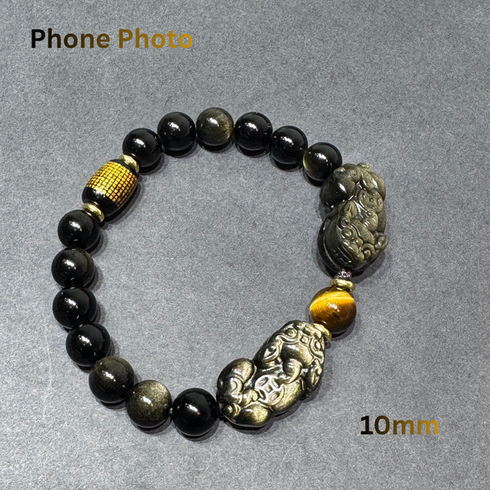Double Pixiu Feng Shui bracelet with 10mm Golden Obsidian beads