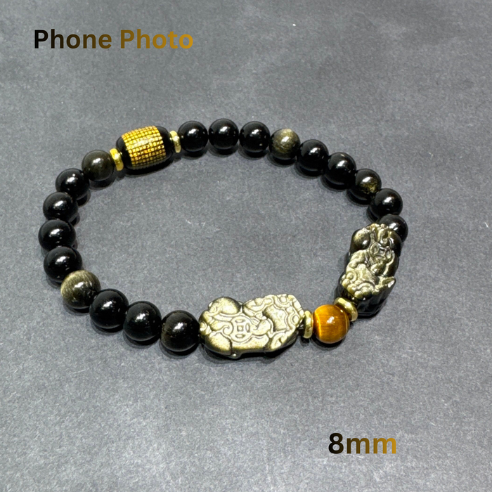 Double Pixiu Feng Shui bracelet with 8mm Golden Obsidian beads