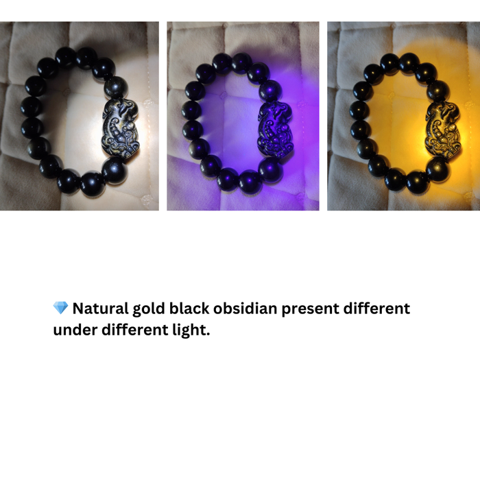 Natural Golden Sheen Obsidian Beads with Double Pixiu Charms