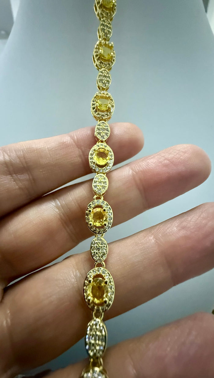 Golden Yellow Oval Crystal Halo Tennis Bracelet for Women – Gold Tone with Jewelry Gift Box 7071