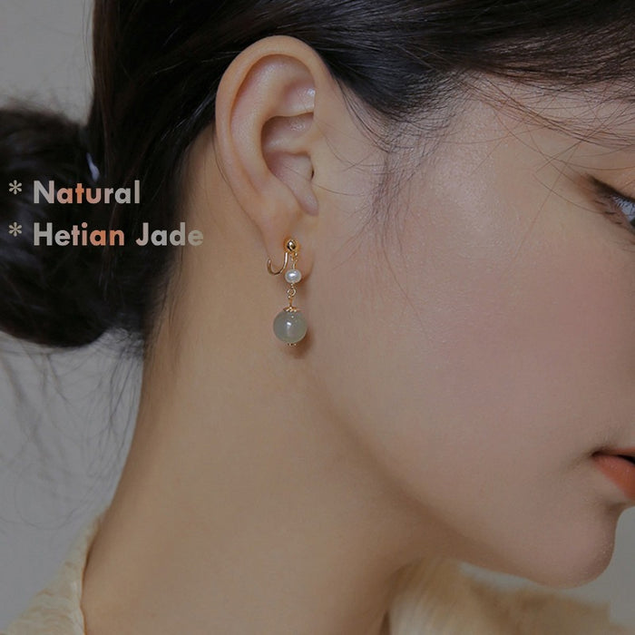 green nephrite jade and pearl drop earrings 925 silver