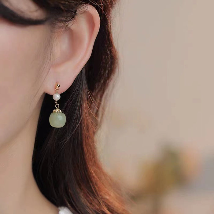 green nephrite jade and pearl drop earrings 925 silver