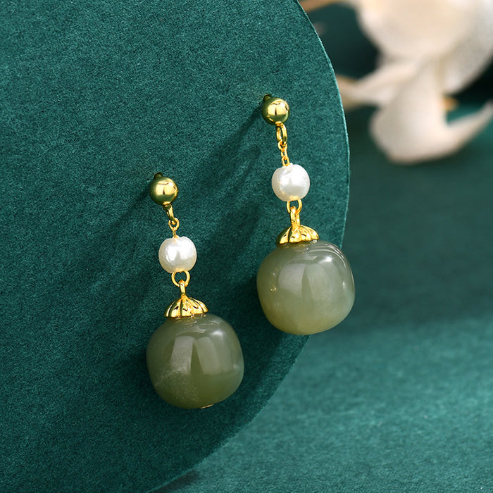 green nephrite jade and pearl drop earrings 925 silver
