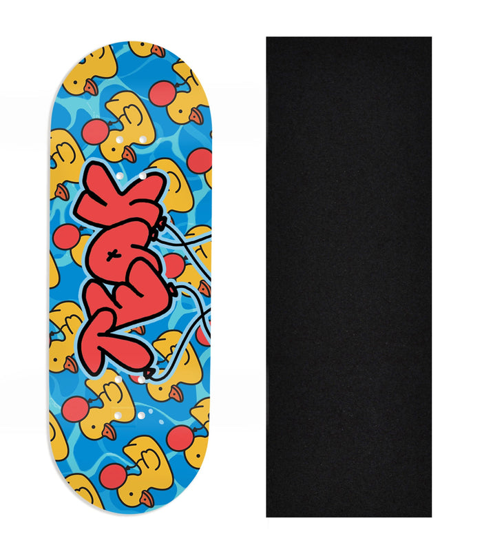 Teak Tuning Heat Transfer Graphic Wooden Fingerboard Deck, Design Contest 2025 Winner, @jakobrosedesign - "Quack Attack" 32mm Deck
