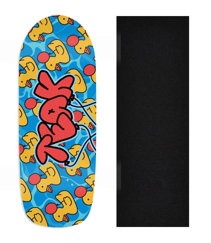 Teak Tuning Heat Transfer Graphic Wooden Fingerboard Deck, Design Contest 2025 Winner, @jakobrosedesign - "Quack Attack" Poolparty Deck