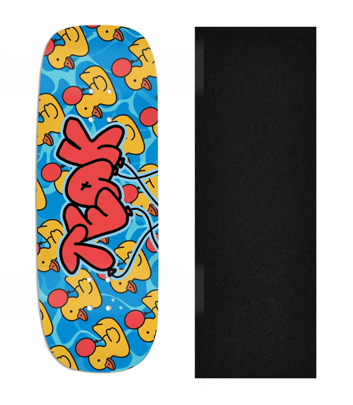 Teak Tuning Heat Transfer Graphic Wooden Fingerboard Deck, Design Contest 2025 Winner, @jakobrosedesign - "Quack Attack" Boxy Deck