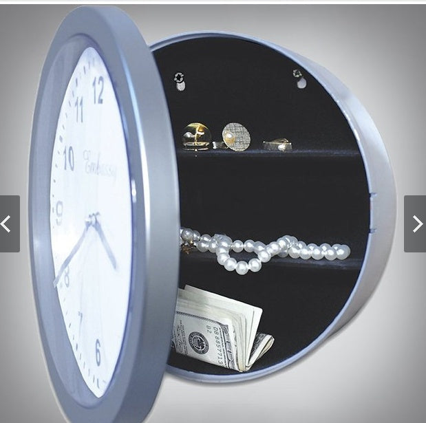A clock with a safe compartment containing jewelry and cash, demonstrating the dual functionality of the timekeeping device and secure storage.