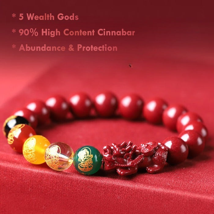 High-Content Cinnabar Pixiu Feng Shui Bracelet – Five Wealth Gods Design