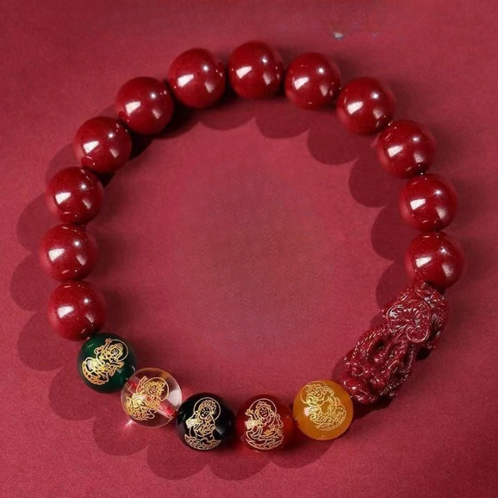 High-Content Cinnabar Pixiu Feng Shui Bracelet – Five Wealth Gods Design